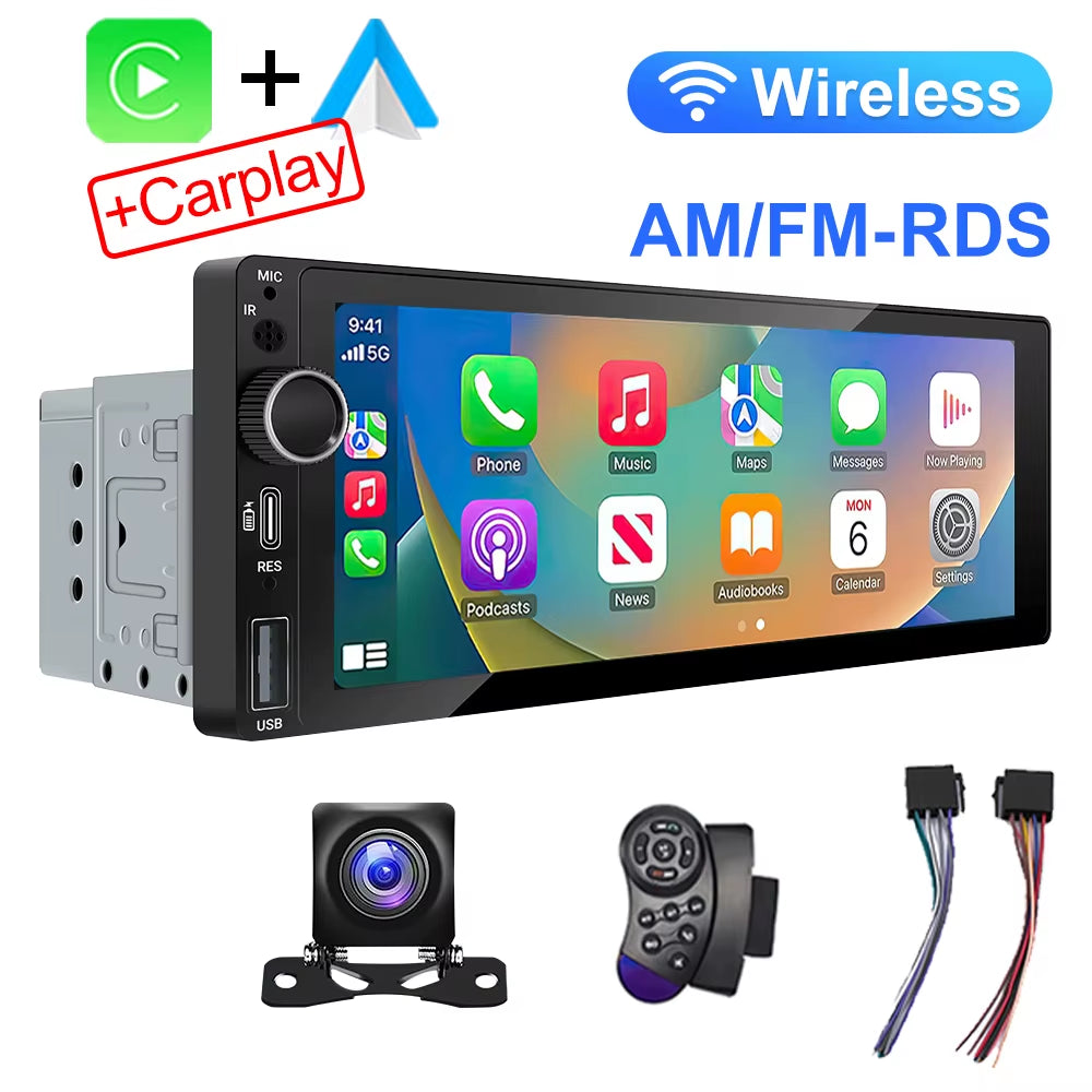IPS 6.9 Inch 1Din Wireless or Wired Carplay Android Auto Car Radio Multimedia MP5 Player 1 Din DVD Bluetooth Stereo USB Charging